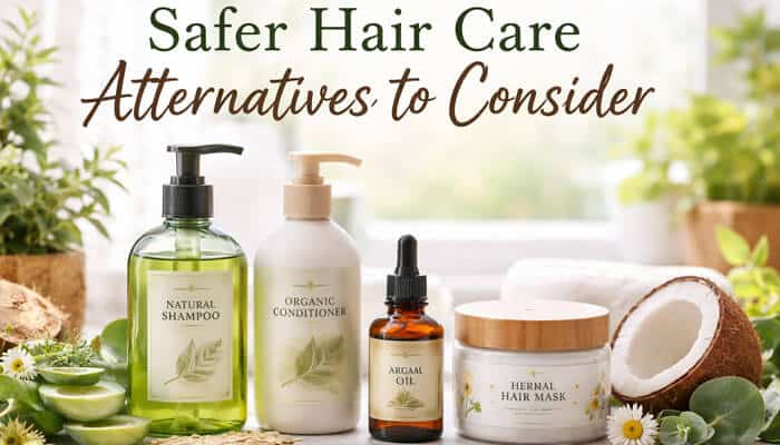 Safer Hair Care Alternatives to Consider - My Legal Opinion - My Legal Opinion Safer hair care alternatives image with natural shampoo, conditioner, argan oil and hair mask bottles next to coconut, illustrating options consumers may consider amid Hairitage Shampoo Lawsuit concerns over product safety and hair health.