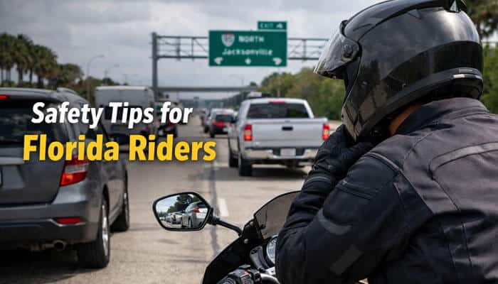 Safety Tips for Florida Riders - My Legal Opinion - My Legal Opinion Motorcyclist on a Florida highway with a clear view of traffic, wearing protective gear, adjusting the mirror. Text reads 'Safety Tips for Florida Riders' with a focus on the question: 'Is Lane Splitting Legal in Florida?
