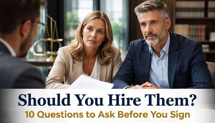 Should You Hire Them 10 Questions to Ask Before You Sign - My Legal OPinion - My Legal Opinion Image showing a couple in a law office, engaging with an attorney, with the text 'Should You Hire Them? 10 Questions to Ask Before You Sign.' This image underscores the important questions potential clients should ask when considering hiring Watts Guerra Law Firm, especially when questioning its legitimacy.