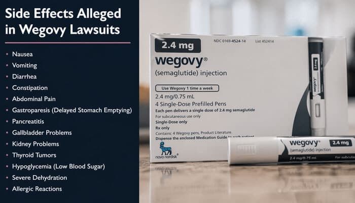 Side Effects Alleged in Wegovy Lawsuits - My Legal Opinion - My Legal Opinion Side effects alleged in Wegovy Lawsuit including nausea, gastroparesis, pancreatitis, and kidney issues with Wegovy injection