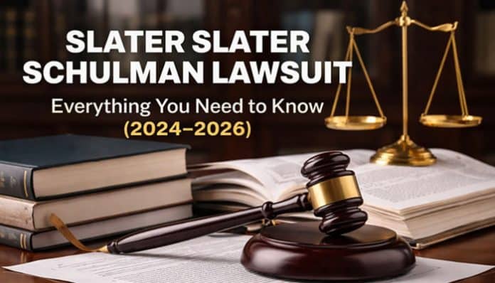 Detailed visual showing legal books, a judge’s gavel, and courtroom scales with overlay text “Slater Slater Schulman Lawsuit: Everything You Need to Know (2024–2026)” — an informative graphic representing in‑depth coverage, timeline, and key developments of the Slater Slater Schulman lawsuit.
