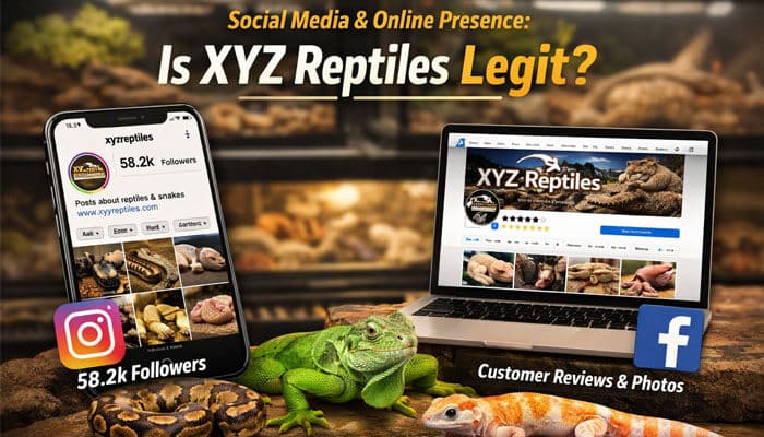 Social Media Online Presence Is XYZ Reptiles Legit - My Legal Opinion - My Legal Opinion Social media presence and online reviews play a significant role in determining if XYZ Reptiles is legit. With 58.2k followers on Instagram and customer reviews on Facebook, XYZ Reptiles showcases its legitimacy and trustworthiness. The image highlights the connection between a strong online presence, customer feedback, and the overall reliability of XYZ Reptiles as a reputable exotic pet provider.