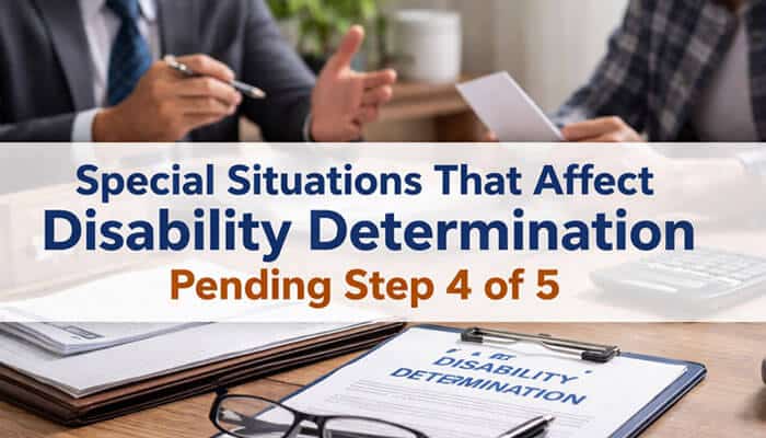 Special Situations That Affect Disability Determination Pending Step 4 of 5 - My Legal Opinion - My Legal Opinion Disability Determination Pending Step 4 of 5: A professional meeting discussing special situations that can impact disability determination, with a close-up of a document labeled 'Disability Determination' and glasses on the desk. This step involves reviewing any unique circumstances that may affect a person's disability status.