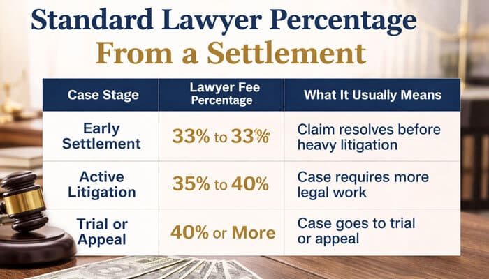 Standard Lawyer Percentage From a Settlement - My Legal Opinion - My Legal Opinion Standard lawyer percentage from a settlement table showing early settlement (33%), active litigation (35%-40%), and trial or appeal (40% or more) for what percentage does a lawyer take from a settlement.