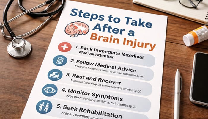 Steps to Take After a Brain Injury - My Legal Opinion - My Legal Opinion Informational poster showing the essential steps to take after a brain injury, including seeking medical attention, following advice, and seeking rehabilitation.