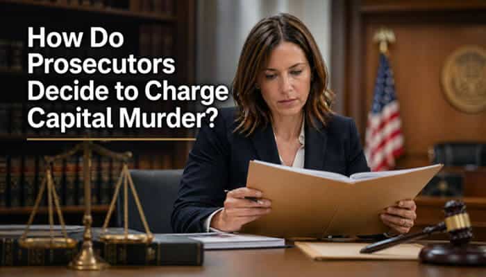 How Do Prosecutors Decide to Charge Capital Murder? - My Legal Opinion - My Legal Opinion Prosecutor reviewing documents in a courtroom while deciding how to charge Capital Murder vs First-Degree Murder, highlighting key legal processes in criminal law.