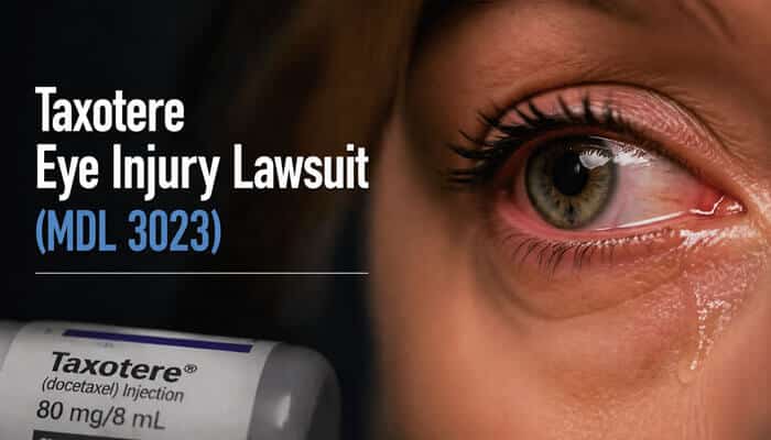 Taxotere Eye Injury Lawsuit MDL 3023 - My Legal Opinion - My Legal Opinion Taxotere Lawsuit Lawyer highlighting eye injury claims linked to docetaxel chemotherapy, showing epiphora symptoms like excessive tearing and complications such as canalicular stenosis and nasolacrimal duct obstruction in MDL 3023 cases