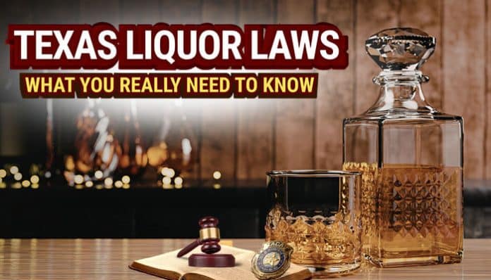 Detailed image of a whiskey decanter, glass, gavel, and badge symbolizing the importance of understanding Texas Liquor Laws. The image highlights the legal and regulatory landscape around alcohol in Texas, with focus on new regulations, county-specific laws, and age restrictions. A reminder of the complexity surrounding Texas alcohol sales, which vary by location, and the impact these laws have on residents, businesses, and tourists.