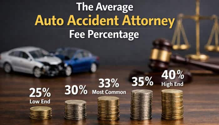 The Average Auto Accident Attorney Fee Percentage - My Legal Opinion 1 - My Legal Opinion Auto Accident Attorney Fees concept with lawyer desk, damaged cars, and stacked coins representing legal costs and compensation
