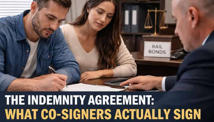 The Indemnity Agreement What Co-Signers Actually Sign - My Legal Opinion - My Legal Opinion Couple signing legal indemnity paperwork with attorney at bail bonds office, illustrating concepts of bail, indemnity agreements, and surety obligations What Is a Surety Bond Jail explained.