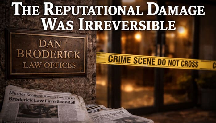The Reputational Damage Was Irreversible - My Legal Opinion - My Legal Opinion What Happened to Dan Broderick Law Firm – crime scene outside Dan Broderick Law Offices with police tape, newspapers about Broderick scandal, and irreversible reputational damage impacting the firm’s legacy and operations.