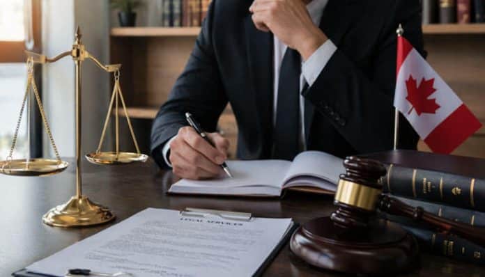 Legal Representation in Canada with defence lawyer reviewing case documents in office