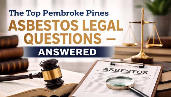 The Top Pembroke Pines Asbestos Legal Questions — Answered - My Legal Opinion - My Legal Opinion The Top Pembroke Pines Asbestos Legal Questions Answered with a gavel, legal scales, and documents marked 'Asbestos.' This image highlights the crucial legal steps and questions regarding asbestos exposure in Pembroke Pines, Florida. It emphasizes the need for legal guidance in asbestos-related cases, focusing on compensation, lawsuit timelines, and accountability for companies responsible for asbestos exposure.