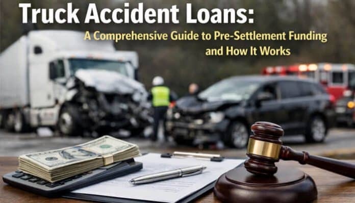 A gavel and cash with a truck accident in the background, illustrating truck accident loans.