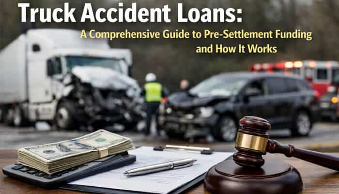 A gavel and cash with a truck accident in the background, illustrating truck accident loans.