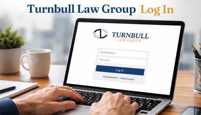 Turnbull Law Group Log In page displayed on a laptop screen. The image shows a login interface for clients to access their account on the Turnbull Law Group portal, allowing secure access to case details and documents with easy login using email address and password.
