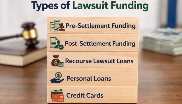 Types of Lawsuit Funding You Should Compare - My Legal Opinion - My Legal Opinion Types of options to Compare Lawsuit Loans including pre-settlement funding, post-settlement funding, recourse loans, personal loans, and credit cards