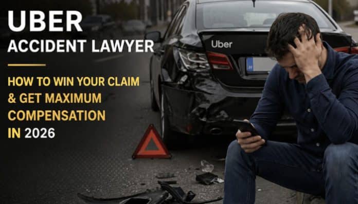 Uber Accident Lawyer guide image showing a stressed crash victim near a damaged Uber car, explaining how to win a claim and get maximum compensation in 2026.