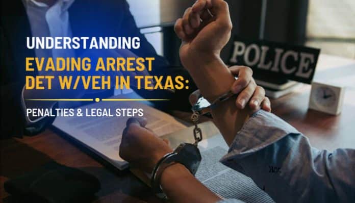Handcuffed driver at desk with police background illustrating legal consequences of Evading Arrest Det W/Veh in Texas and criminal defense process