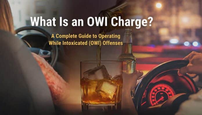 What Is an OWI Charge? banner showing a driver, a glass of alcohol, and legal context illustrating a complete guide to Operating While Intoxicated offenses, penalties, and impaired driving laws.