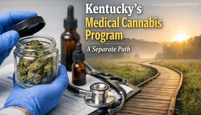 Kentuckys Medical Cannabis Program A Separate Path - My Legal Opinion - My Legal Opinion Is THCA Legal in Kentucky educational featured image showing Kentucky’s Medical Cannabis Program framework with licensed medical cannabis products, hemp oil tinctures, and a healthcare setting symbolizing patient access rules, regulatory separation between medical cannabis and hemp THCA market, and 2026 Kentucky cannabis law updates.