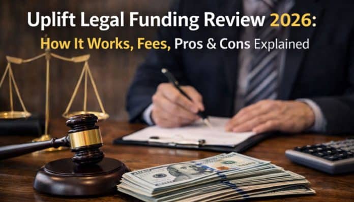 Uplift Legal Funding review 2026 featured image showing legal funding concept with cash, gavel, lawyer desk, and settlement-related visuals