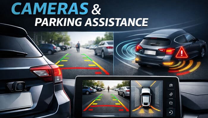Use of Technology Cameras Parking Assistance - My Legal Opinion - My Legal Opinion Car's advanced camera and parking assistance system showing rearview and 360-degree views with obstacle alerts.