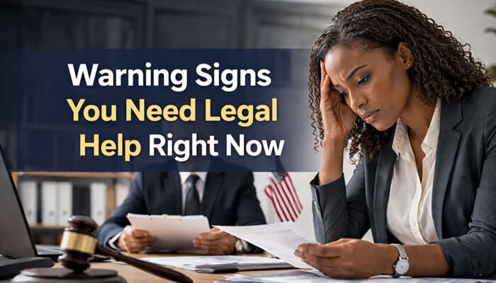 Warning Signs You Need Legal Help Right Now - My Legal Opinion - My Legal Opinion Federal Employment Law Attorney observing a distressed client in a law office setting, reviewing important documents that may signal the need for legal intervention. This image emphasizes the warning signs when you need immediate legal help, including unfair treatment, workplace disputes, and violations of federal employment rights.