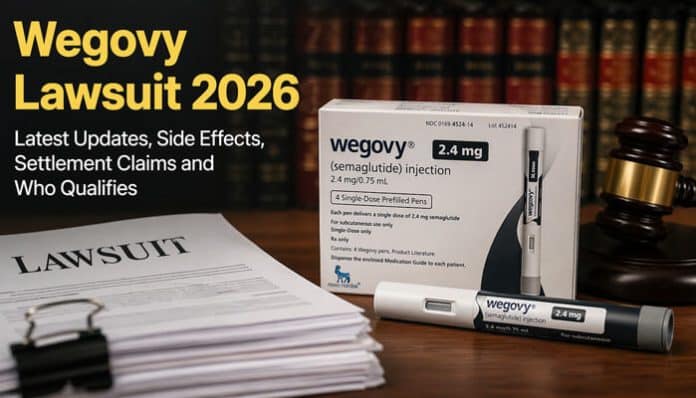 Image advertising a Wegovy lawsuit in 2026 with a boxed Wegovy product, syringe, legal documents, and a gavel on a desk—news about updates, side effects, and settlements.
