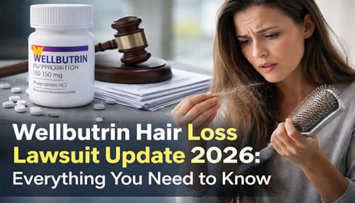 Wellbutrin Hair Loss Lawsuit Update graphic showing a Wellbutrin pill bottle, legal gavel and distressed woman examining hair loss — illustrating 2026 lawsuit developments and side effect concerns.