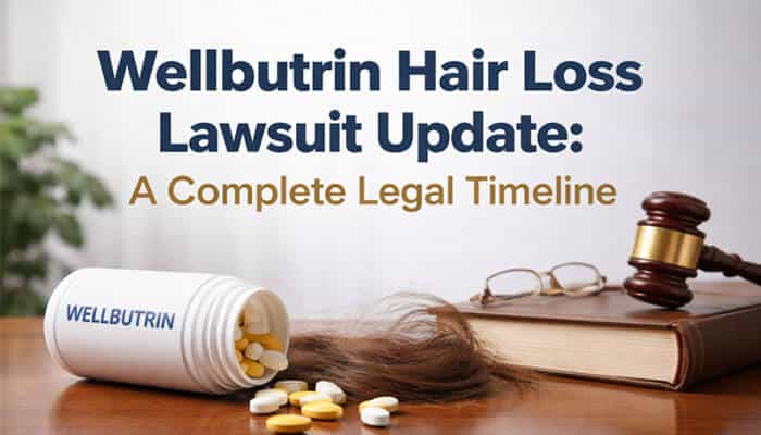 Wellbutrin Hair Loss Lawsuit Update: A Complete Legal Timeline - My Legal Opinion - My Legal Opinion Wellbutrin Hair Loss Lawsuit Update showing a pill bottle with capsules spilling out, a gavel, and hair strands on the table — highlighting the legal timeline of hair loss lawsuits linked to Wellbutrin.
