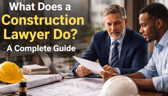 Construction lawyer guiding a client through a legal document with construction plans