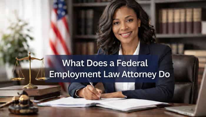 What Does a Federal Employment Law Attorney Do - My Legal OPinion - My Legal Opinion Federal Employment Law Attorney smiling while reviewing legal documents in an office setting with a scale of justice. This image represents a professional in federal employment law providing legal advice and guidance on workplace disputes, discrimination, and employee rights within the federal government.