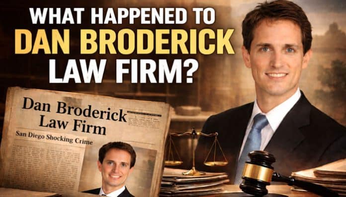 What Happened to Dan Broderick Law Firm – visual showing Dan Broderick attorney portrait, legal scales, gavel and newspaper headline about the Dan Broderick Law Firm’s history and status.
