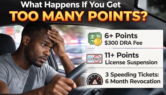 What Happens If You Get Too Many Points - My Legal Opinion - My Legal Opinion Frustrated driver holding steering wheel while informational graphic shows NY point penalties, alongside text ‘What Happens If You Get Too Many Points?’, related to how much is a speeding ticket in NY and its impact on point accumulation.
