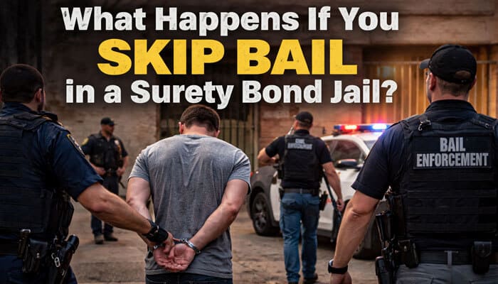 What Happens If You Skip Bail in a Surety Bond Jail - My Legal Opinion - My Legal Opinion Bail enforcement officers escorting a handcuffed man during arrest outside a jail, illustrating what is a surety bond jail, consequences of skipping bail, and legal bail bond enforcement.