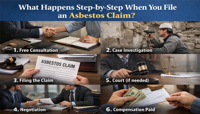 What Happens Step-by-Step When You File an Asbestos Claim? - My Legal Opinion - My Legal Opinion Step-by-step guide on what happens when you file an asbestos claim in Pembroke Pines. This image illustrates the legal process, including free consultation, case investigation, filing the claim, negotiation, court (if needed), and compensation payment. It highlights the essential steps in navigating a Pembroke Pines asbestos legal question for individuals affected by asbestos exposure.