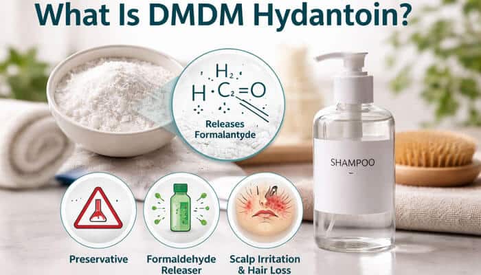 What Is DMDM Hydantoin - My Legal Opinion - My Legal Opinion Infographic titled What Is DMDM Hydantoin showing preservative chemical that releases formaldehyde in shampoo and potential scalp irritation, linking concerns to Hairitage Shampoo Lawsuit and consumer safety issues.