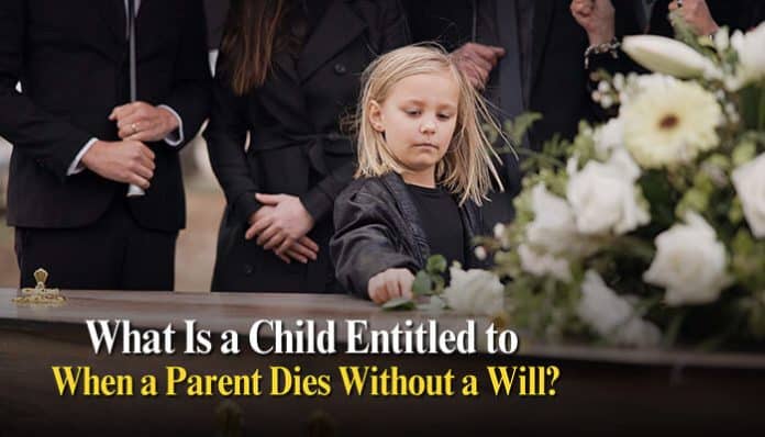 Grieving child at a funeral, reflecting the legal entitlements of children when a parent dies without a will. What Is a Child Entitled to When a Parent Dies Without a Will? Learn about inheritance rights and legal processes in such situations.