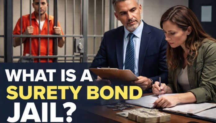 An in depth look at a surety bond jail scenario where a bondsman discusses release arrangements with a co-signer, with a defendant behind bars. A surety bond jail allows defendants to secure their release by paying a fraction of the bail to a bail bondsman, who guarantees the full bail amount to the court.
