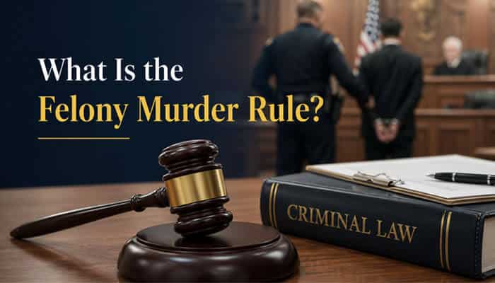 What Is the Felony Murder Rule? - My Legal Opinion - My Legal Opinion Courtroom setting highlighting Capital Murder vs First-Degree Murder, with a gavel and 'Criminal Law' book, as the Felony Murder Rule is explored.