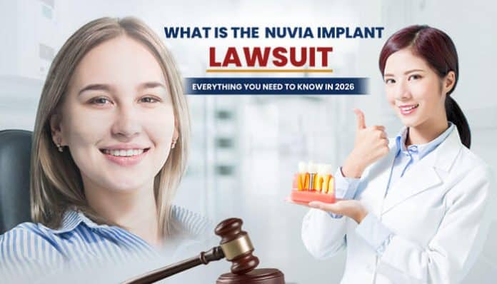 What Is the Nuvia Implant Lawsuit explained – a patient consultation with dental model and judge’s gavel representing legal claims and medical device litigation overview.