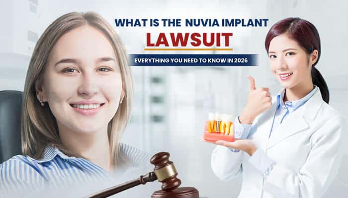 What Is the Nuvia Implant Lawsuit explained – a patient consultation with dental model and judge’s gavel representing legal claims and medical device litigation overview.