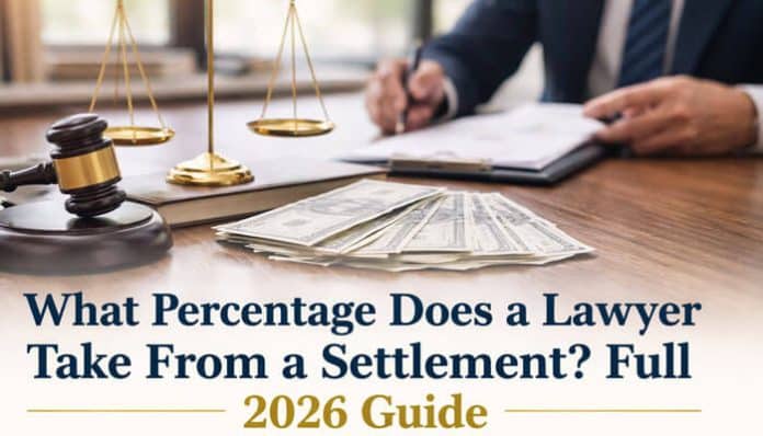 A lawyer reviewing documents with cash and a balance scale, highlighting What Percentage Does a Lawyer Take From a Settlement?