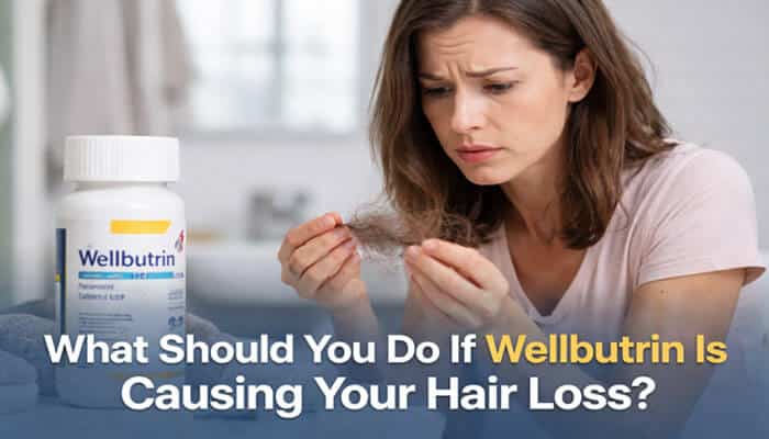 What Should You Do If Wellbutrin Is Causing Your Hair Loss? - My Legal Opinion - My Legal Opinion Wellbutrin Hair Loss Lawsuit Update with woman examining hair loss and a Wellbutrin bottle, reflecting concerns and legal context.
