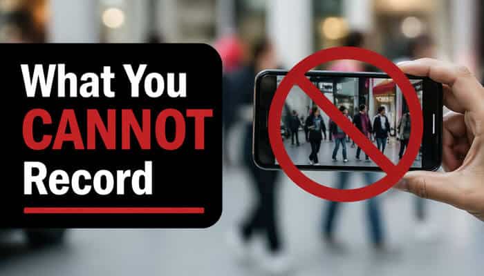 What You CANNOT Record - My Legal opinion - My Legal Opinion Hand holding a smartphone filming crowd with a prohibition symbol over the screen and bold text ‘What You Cannot Record’ illustrating limits on recording; concept tied to legal question ‘Is It Illegal