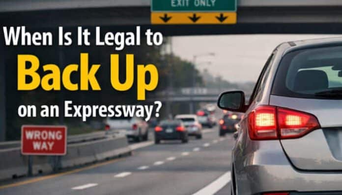 A silver car with heavy traffic in the background. A 'WRONG WAY' sign is visible, and the educational graphic text reads, 'When is it legal to back up on an expressway?' The image illustrates the dangers of backing up on expressways and legal exceptions.