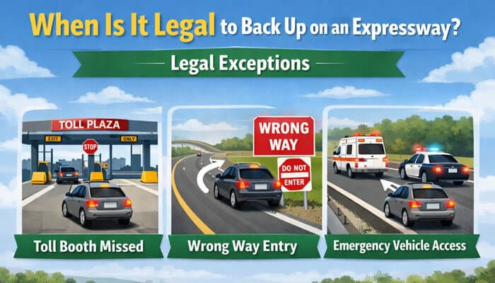 When Is It Legal to Back Up on an Expressway Legal Exceptions - My Legal Opinion - My Legal Opinion An educational infographic illustrating when it is legal to back up on an expressway. This shows three scenarios: a toll booth missed, wrong-way entry, and emergency vehicle access. Each scenario is paired with a car on the expressway and a descriptive label beneath.