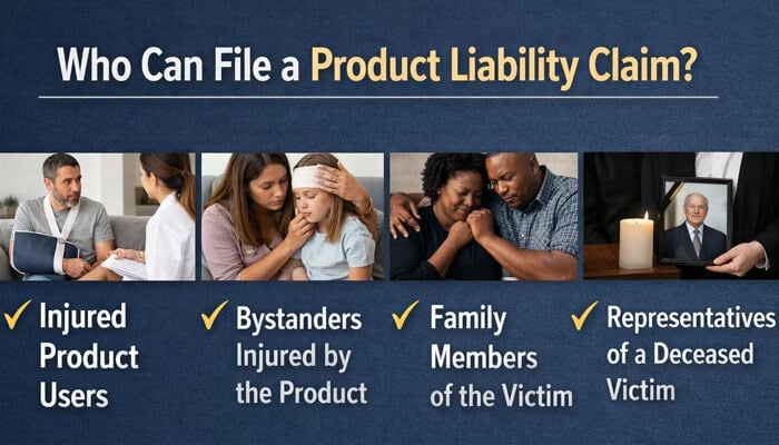 Who Can File a Product Liability Claim - My Legal Opinion - My Legal Opinion Product Liability Lawyer explaining who can file a claim, with visual representation of injured product users, bystanders, family members, and representatives.