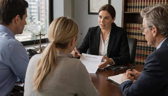 Who Needs an Employment Contract Lawyer - My Legal Opinion - My Legal Opinion Employment contract lawyer discussing legal documents with clients in a professional office, focusing on contract review and negotiation.